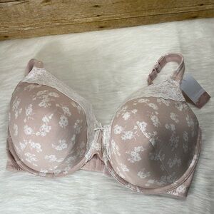 NWT Cacique 42H Lightly Lined T-shirt Bra Pink Floral Underwire Cotton Blend